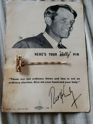 Robert F.  Kennedy Rfk Bobby Pin Hair Pin With Picture Card.