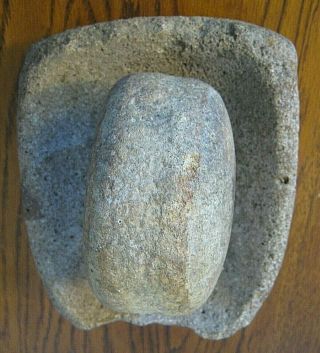 Old Native American Stone Mortar And Wheel Shaped Pestle Grinding Tool Set