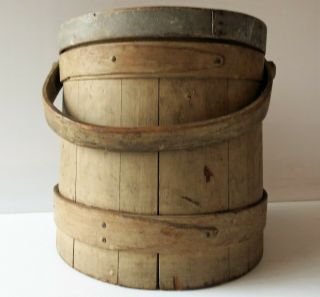 Antique Painted Wood Firkin With Cover & Wood Handle 9”