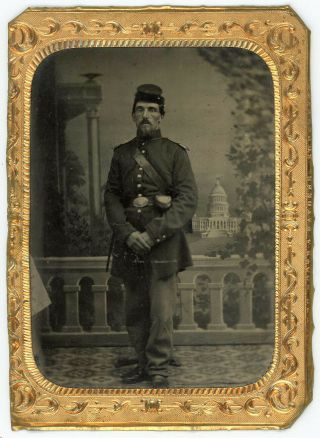 Post Civil War Soldier 1866 Faux Capitol Building 5 Cent Tax Stamp Tintype