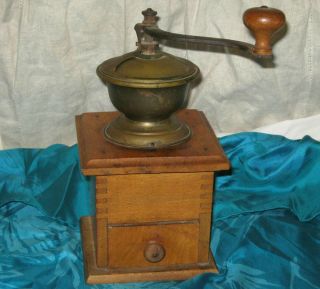 Antique Coffee Grinder Spice Mill Brass W Jointed Wood Box & Iron Handle 1800s ?