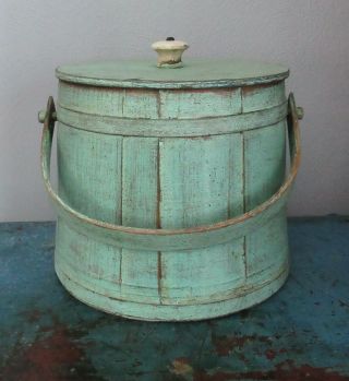 7 " Old Firkin/sugar Bucket/wooden Blue/green Paint - Primitive - Porcelain Knob