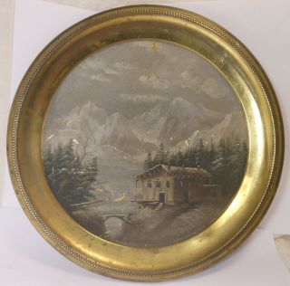 Very Good Antique Folk Art Painted Brass Flue Cover With Cabin In Mountains 12 "