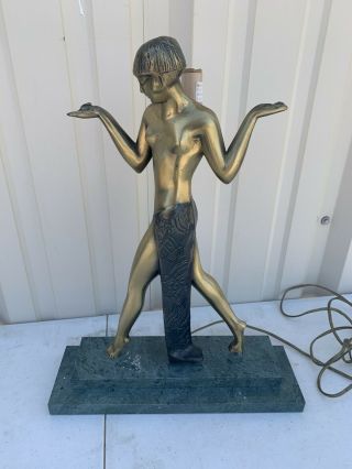 Sarsaparilla Brass Art Deco Cleopatra Lamp Marble Nude Lady Egyptian Goddess Vtg