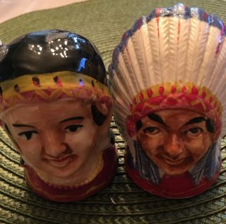 Antique Native American Indian Chief Salt And Pepper Shakers Hand Painted 3”tall