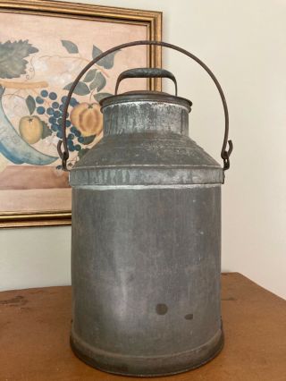 Antique Vtg Metal Tin Milk Can Pail Container With Lid And Handle 15.  5 " Rustic