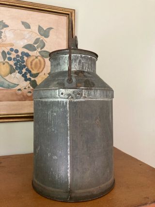 ANTIQUE VTG METAL TIN MILK CAN PAIL CONTAINER WITH LID AND HANDLE 15.  5 