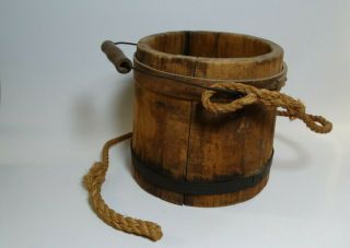 Antique Primitive Wood Wooden Water Pail Well Bucket Metal Bands Very Old