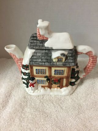 Unique Ceramic Christmas Cottage House Teapot -