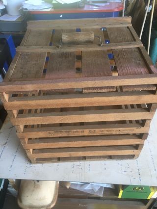 Vintage Primitive Wooden Slats Egg Crate Box Carrier Lid Handle Owosso Mfg.  Co.