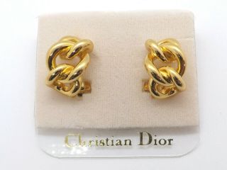 Christian Dior Vintage Nwt Gold Tone Curb Link Style Half Hoop Clip - On Earrings