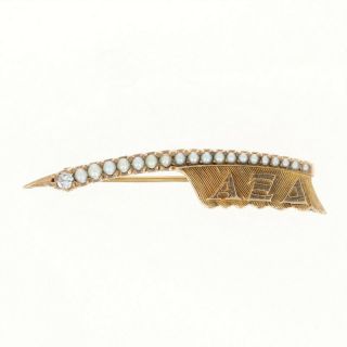 Alpha Xi Delta Badge - 10k Yellow Gold Pearls Diamond 1940s Sorority Quill Pin