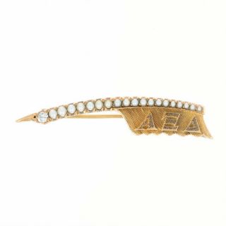 Alpha Xi Delta Badge - 10k Yellow Gold Pearls Diamond 1940s Sorority Quill Pin 2