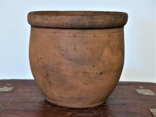 Antique 19thc Pa Unglazed Redware Incised Line Apple Butter Small Storage Crock