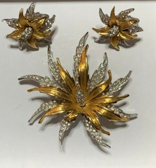 Vintage Signed Boucher Paved Crystal Rhinestone Flower Brooch & Earrings Set