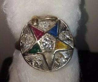 14k Solid White Gold Diamond Ruby Emerald Masonic Order Of The Eastern Star Ring