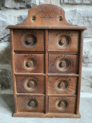 Antique 8 Drawer Stenciled Spice Cabinet Primitive Wooden