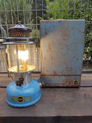 Vintage 1/1967 Sears Roebuck 476.  74060 Baby Blue White Gas Lantern W/ Carry Box