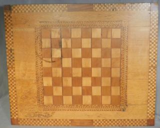 Inlaid Antique Tramp Art Chess Checkers Game Board Golden Oak Victorian 1885 Old