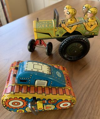 Vintage Marx Wind - Up Tin Litho Jumpin Jeep And Turnover Flip Tank