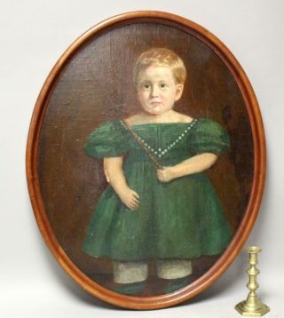 Fine Early 19th C Full Length Portrait Of A Young Boy In A Bright Green Dress