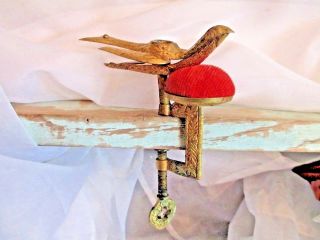 antique SEWING BIRD Double Pin Cushion Table - Clamp MATERIAL early tool FABRIC 2