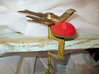 antique SEWING BIRD Double Pin Cushion Table - Clamp MATERIAL early tool FABRIC 3