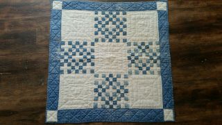 Old Blue And White Hand Stitched Calico Doll Quilt.  Early Textile.  Aafa