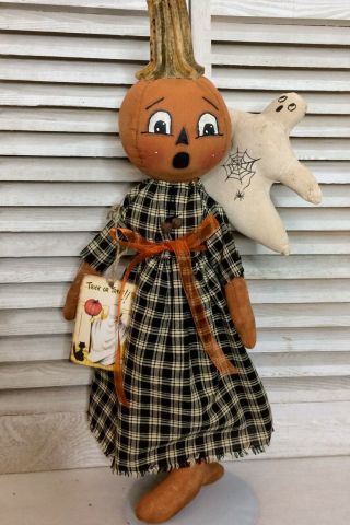 Primitive Halloween Pumpkin Doll Real Stem With Ghost " I Do Believe In Ghosts "