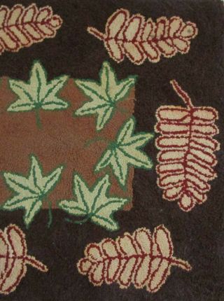 Vintage 1930 ' s Primitive Hook Rug Folk Art Pine Cone Leaves Fall Theme 3