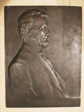 1907 Abraham Lincoln Bronze Plaque,  V.  D.  Brenner,  Klaber Foundry Mark