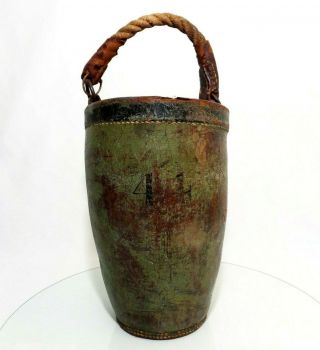 Rare Early 19th C 1820 Antique Leather Fire Bucket W/orig Green Paint,  Stencil