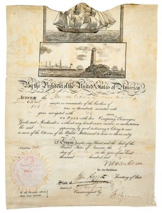 1841 President Martin Van Buren Signed Ship Passport Document Whaling Ship Chase