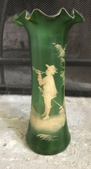 Green Glass Fluted Vase With Painted Gold Bugle Boy Scene 7”