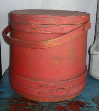 11 3/8 " Antique Firkin/sugar Bucket/wooden Red Paint - Primitive Spice - Shaker