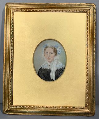 Antique Miniature Early Victorian Lady Portrait Painting On Celluloid Old Frame
