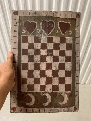 Vintage American Folk Art Painted Gameboard Hearts And Crescent Moons