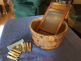 Antique Vintage Child’s Toy Wood Washtub And Glass Front Washboard & Wood Pins