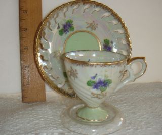 Vtg Hb Purple Violets Gold Trim Porcelain Footed Demitasse Tea Cup & Saucer P
