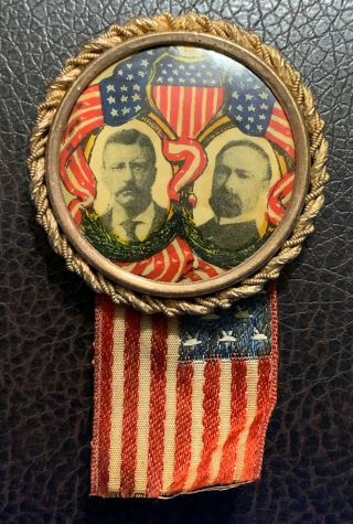 1904 Teddy Roosevelt & Fairbanks Fancy Flag Design Jugate Picture Campaign Badge