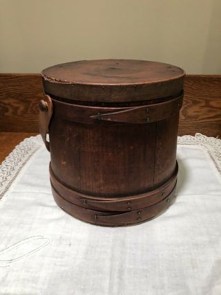 Antique Primitive Wooden Staved Firkin Sugar Bucket With Three Finger Overlap