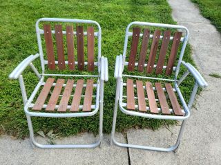 Pair Vtg Retro Aluminum & Wood Folding Lawn Patio Chairs - Set Of 2 - Mcm