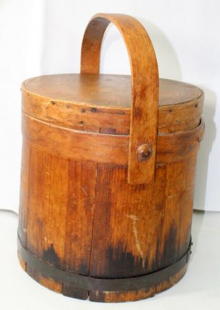 Firkin Primitive Wooden Sugar Bucket With Handle & Lid Antique L3