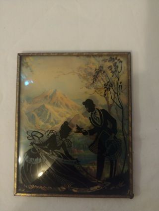 Vintage Reverse Painted Silhouette Picnicking Couple Convex Glass