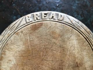 Antique Round Wooden " Bread " Board W/carved Raised Wheat Design