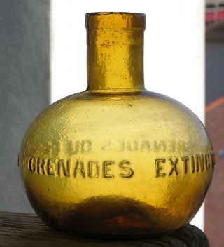 X - Rare Pontiled Glass Fire Extinguisher From The 1800s.  Du Progres,  Light Amber