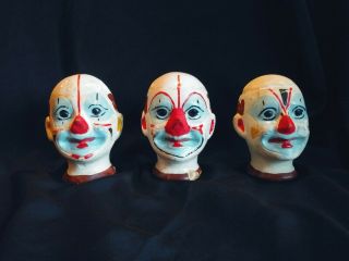 Vintage Clown Heads Carnival Circus Game Tops Plaster Chalk Ware 4.  5 " Tall Rare
