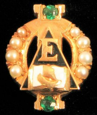 Vintage Rare Delta Phi Epsilon Fraternal Pin 10k Yellow Gold Seed Pearl Emerald