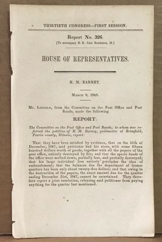 1848 Abraham Lincoln Us House Of Representatives Report 326 Peoria Co.  Illinois