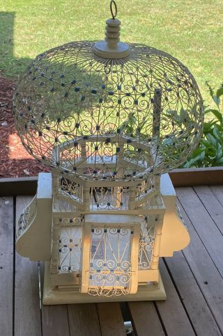 Antique Wood & Wire Bird Cage Architectural Victorian Dome House White